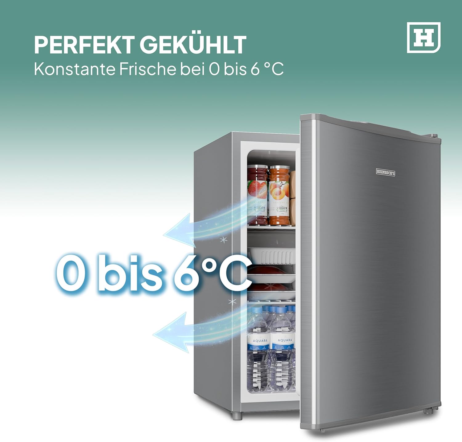 Heinrich´s Getränkekühlschrank 58L,klein, Mini-Kühlschrank für Dosen, Flaschen, Snacks, modernes Design, Tisch-Kühlschrank, leise:39dB geeignet für Büro, Camping, Garten, Outdoor, Hotels, Schlafzimmer
