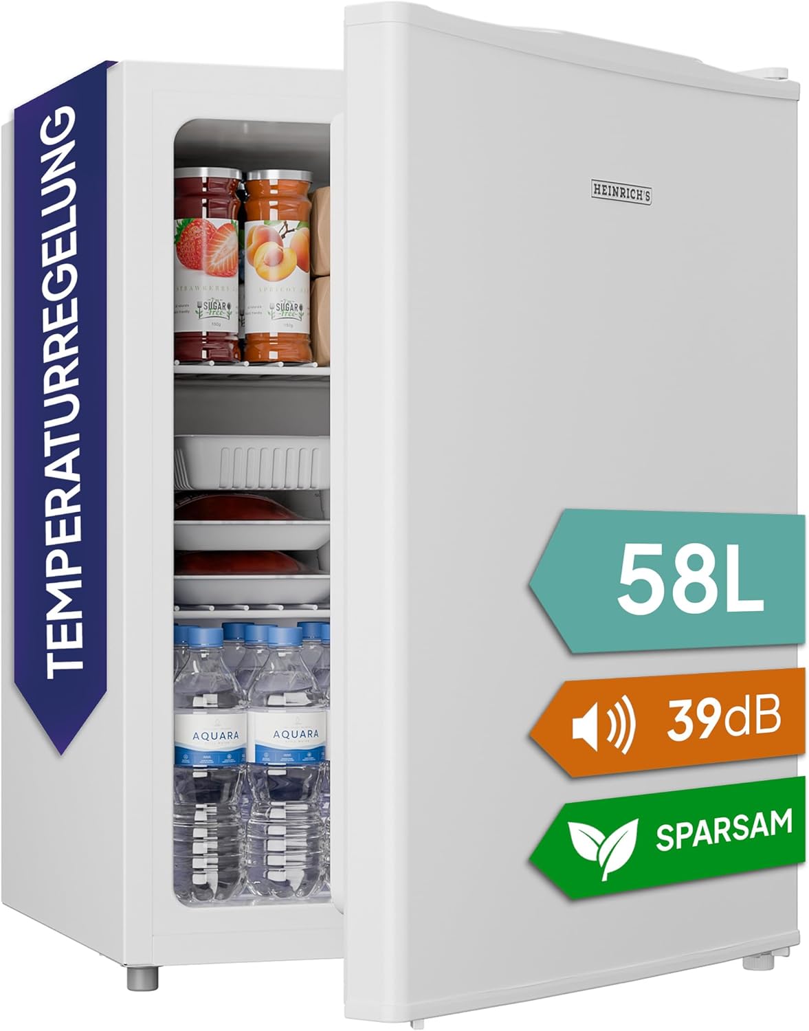 Heinrich´s Getränkekühlschrank 58L,klein, Mini-Kühlschrank für Dosen, Flaschen, Snacks, modernes Design, Tisch-Kühlschrank, leise:39dB geeignet für Büro, Camping, Garten, Outdoor, Hotels, Schlafzimmer