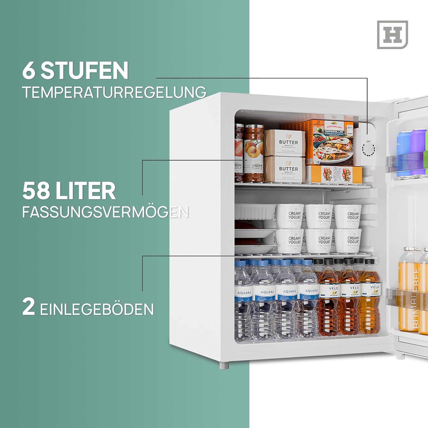 Heinrich´s Getränkekühlschrank 58L,klein, Mini-Kühlschrank für Dosen, Flaschen, Snacks, modernes Design, Tisch-Kühlschrank, leise:39dB geeignet für Büro, Camping, Garten, Outdoor, Hotels, Schlafzimmer