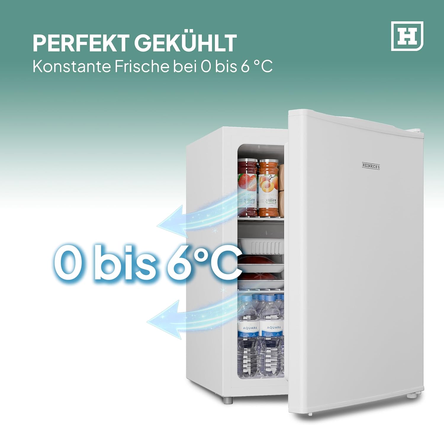 Heinrich´s Getränkekühlschrank 58L,klein, Mini-Kühlschrank für Dosen, Flaschen, Snacks, modernes Design, Tisch-Kühlschrank, leise:39dB geeignet für Büro, Camping, Garten, Outdoor, Hotels, Schlafzimmer