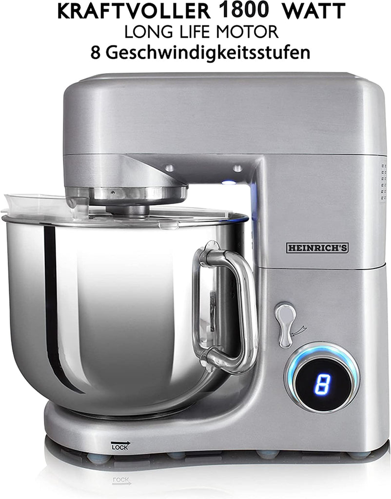 HEINRICHS HKM 8110 Küchenmaschine Knetmaschine 1800 Edelstahl – Schüssel